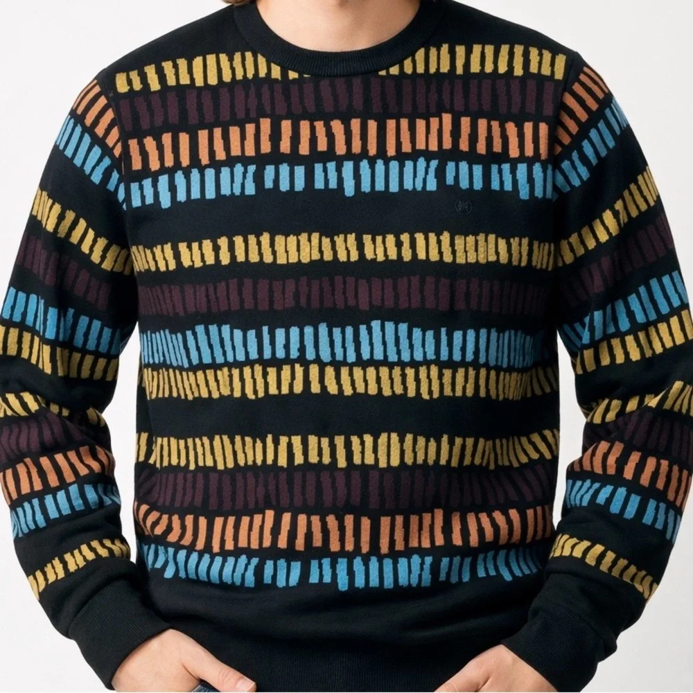 Kazane Sweater Medium Men Thick Knit Black Colorful Art To Wear Made in Turkey M